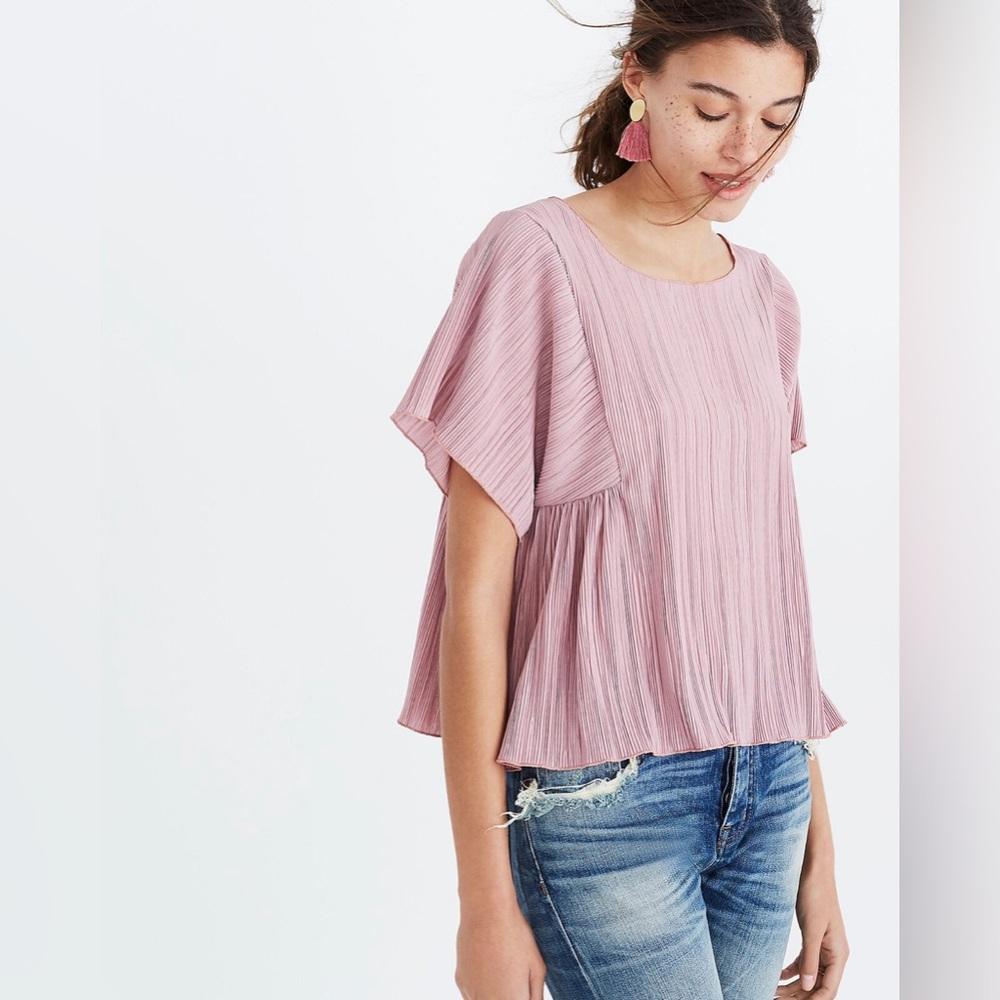 Madewell Texture And Thread Micropleat‎ Top short sleeve Sz XXS Light Dusty Pink